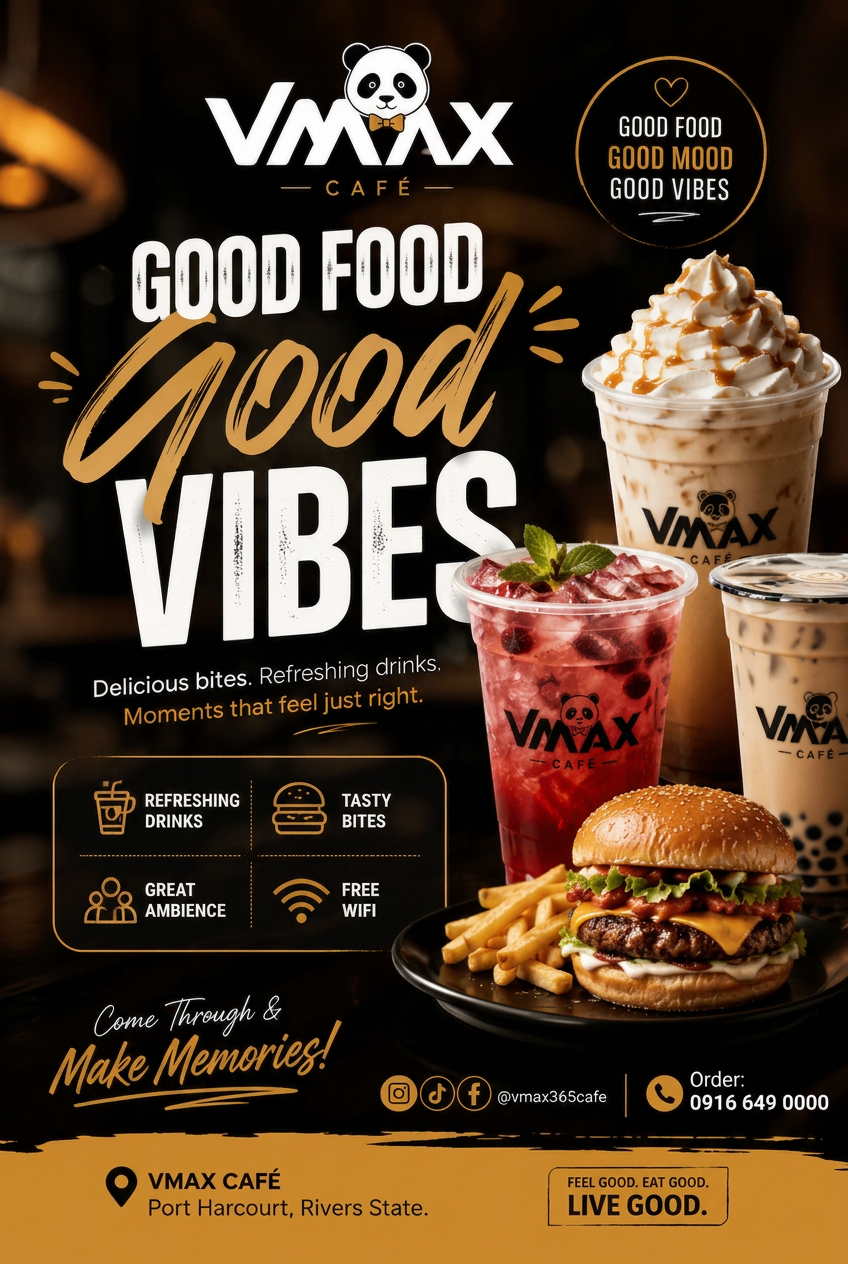VMAX Café combo pack flyer — Good Food, Good Vibes with burgers, fries and signature drinks