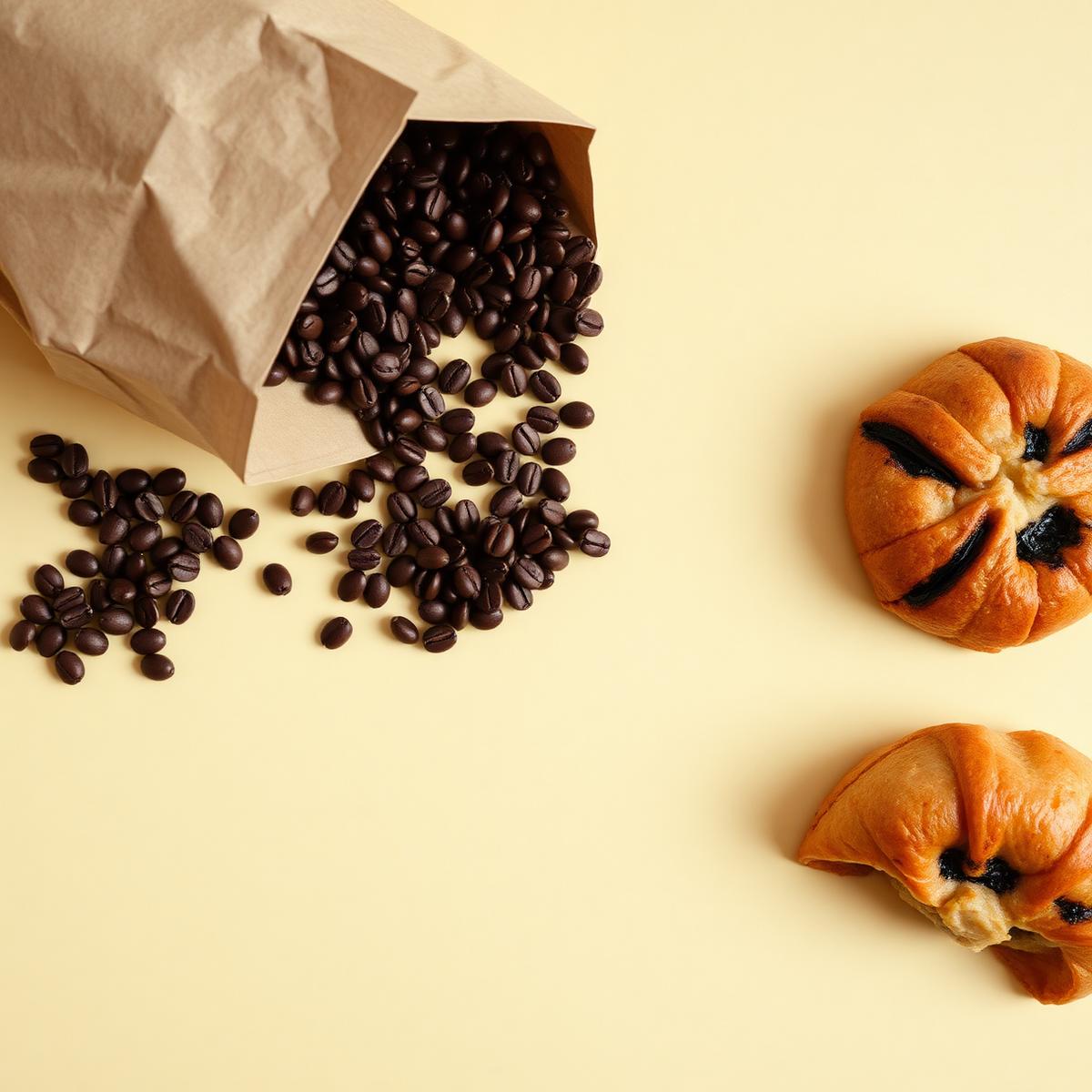 Roasted coffee beans spilling from a paper bag